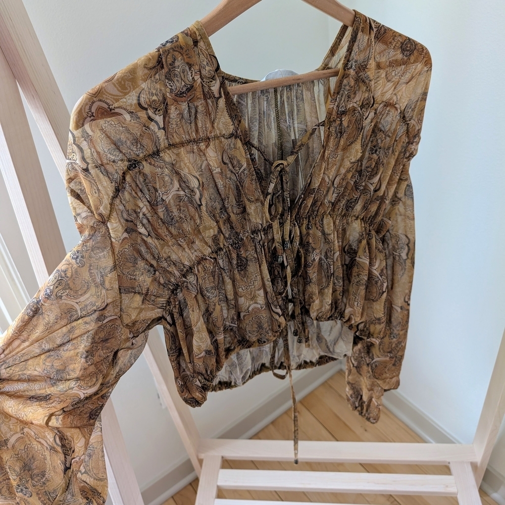 NWT ZARA Floral Sheer Patterned Tie-Front Blouse In Tan/Gold - S - Picture 8 of 11